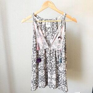 MISA Los‎ Angeles Floral Print Sleeveless V Neck Tassels Top Size L